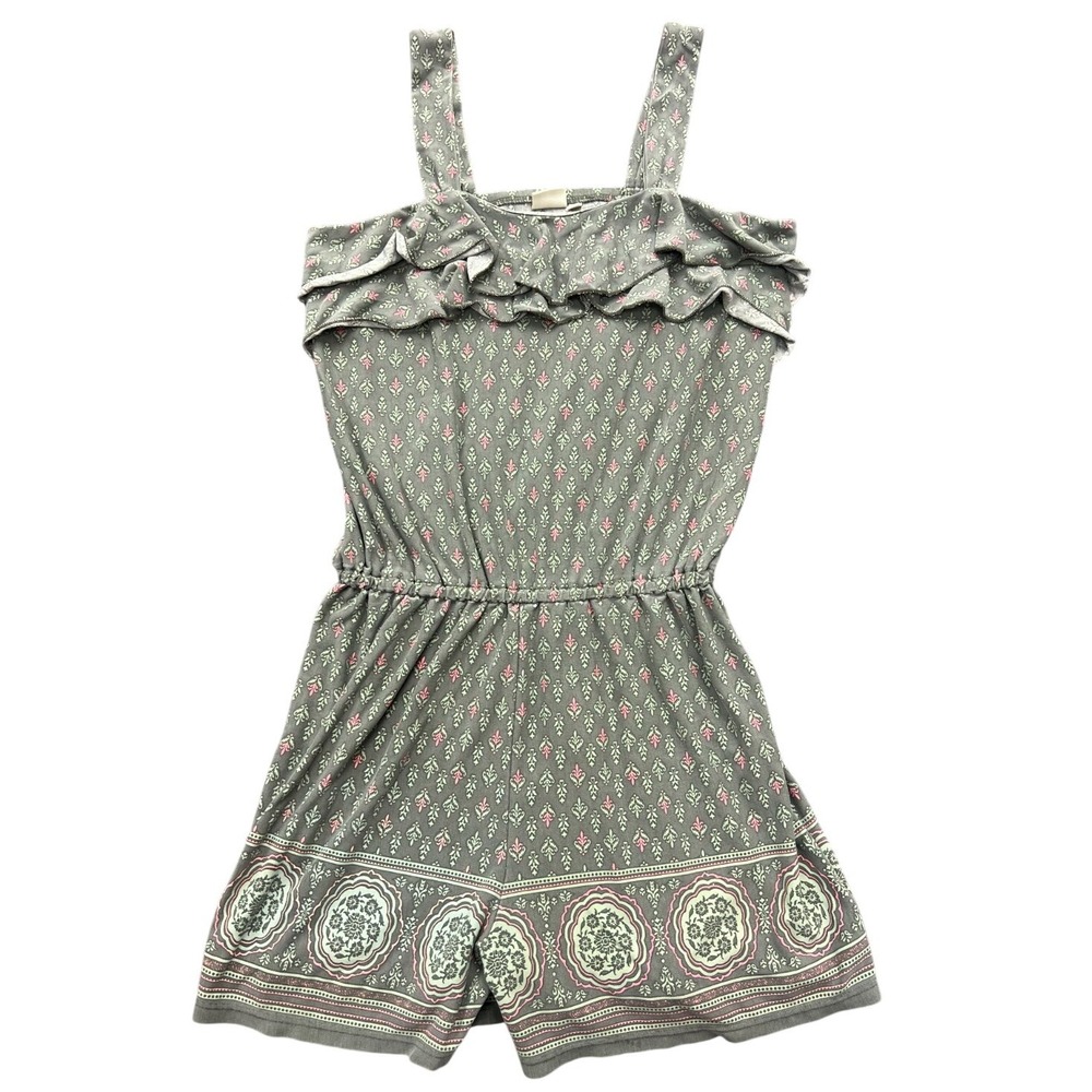 Mudd Shorts Romper Girls XL Green Pink Floral Pattern Ruffled Neck Elastic Waist